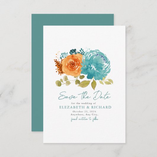 Blauwgroen Verbrand Sinaasappel Boeket Herfst Bloe Save The Date (Voorkant / Achterkant)