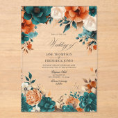 Blauwgroen, Verbrand Sinaasappel & Champagne Bloem Acryl Uitnodigingen (Voorkant)