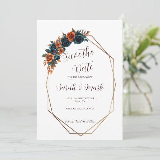 Blauwgroen verbrand Sinaasappel Save the Date Sjab Kaart (Staand voorkant)