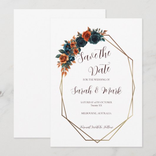 Blauwgroen verbrand Sinaasappel Save the Date Sjab Kaart (Voorkant / Achterkant)