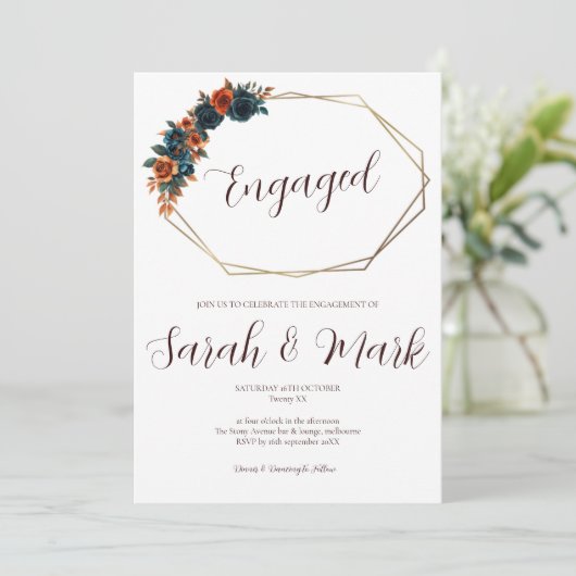 Blauwgroen verbrand Sinaasappel Verloving Uitnodig Kaart (Staand voorkant)