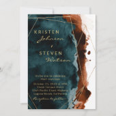 Blauwgroen & Verbrande Oranje Waterverf Huwelijksu Kaart (Voorkant)