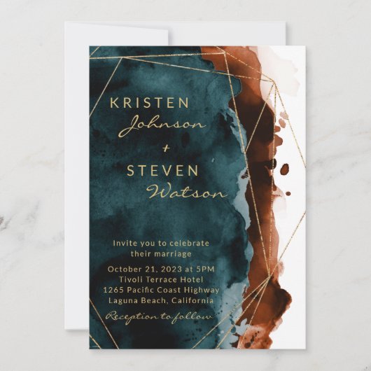 Blauwgroen & Verbrande Oranje Waterverf Huwelijksu Kaart (Voorkant)