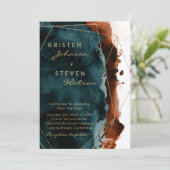Blauwgroen & Verbrande Oranje Waterverf Huwelijksu Kaart (Staand voorkant)