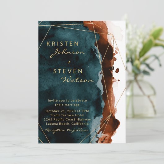 Blauwgroen & Verbrande Oranje Waterverf Huwelijksu Kaart (Staand voorkant)