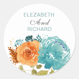 Blauwgroen verbrande Sinaasappel Bloemen Boho Ronde Sticker