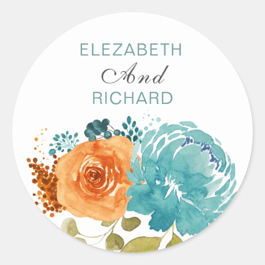 Blauwgroen verbrande Sinaasappel Bloemen Boho Ronde Sticker (Voorkant)