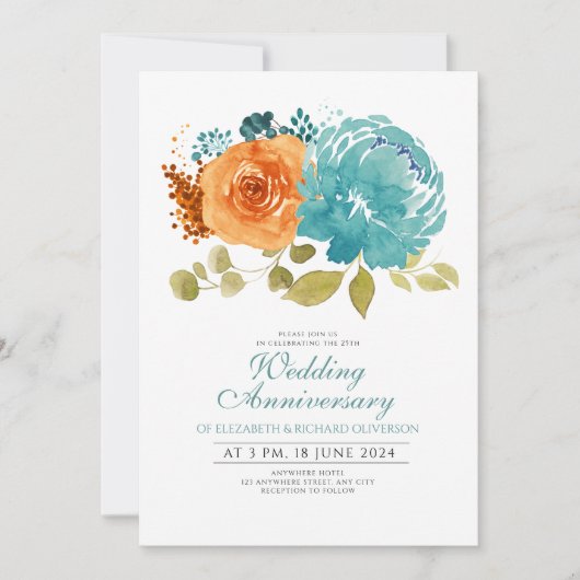 Blauwgroen Verbrande Sinaasappel Bloemen Wedding J Kaart (Voorkant)