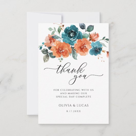 Blauwgroen Verbrande Sinaasappels Waterverf Bloeme Bedankkaart (Voorkant)