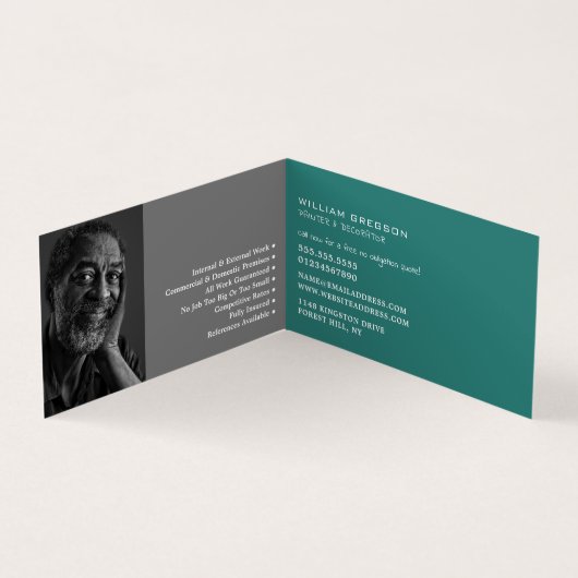 Blauwgroen verfrol, schilder & decorator Foto Visitekaartje (Binnen)