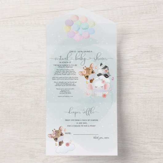 Blauwgroen verkuildieren in maskers virtueel Baby All In One Uitnodiging (Binnen)