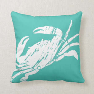 Blauwgroen verweerde krab print nautische thema kussen