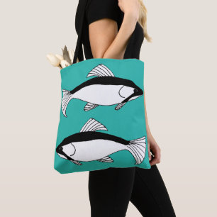 Blauwgroen vis Handgetekende Zalm Tote Bag