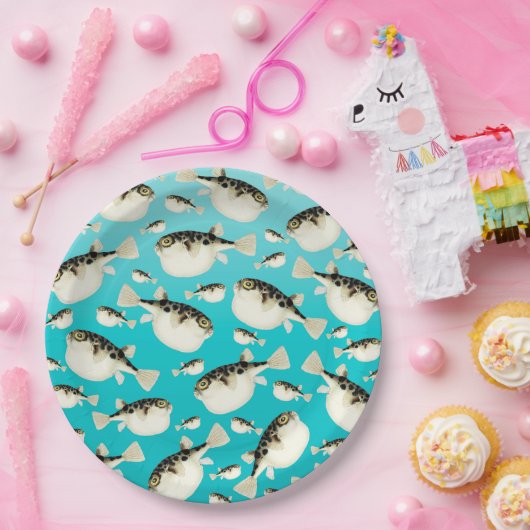 blauwgroen vispatroon papieren bordje (Feest)