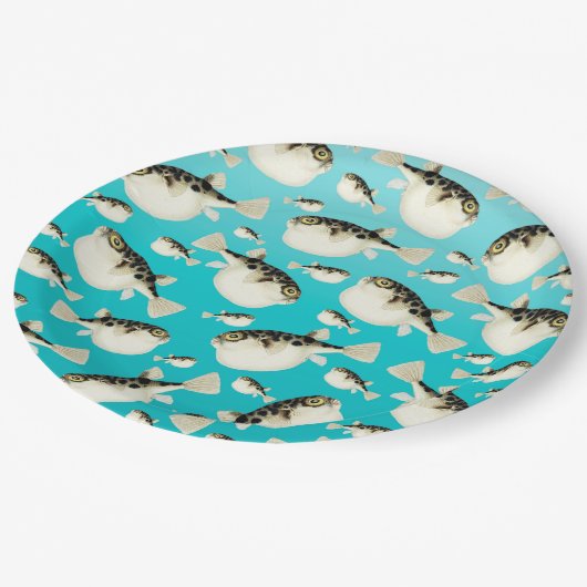 blauwgroen vispatroon papieren bordje (Gekanteld)