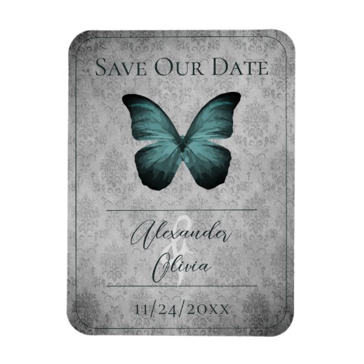 Blauwgroen Vlinder Damask Bewaar de Datum Magneet (Verticaal)
