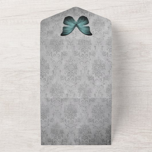 Blauwgroen  vlinder Damask bruiloft All In One Uitnodiging (Buitenkant)