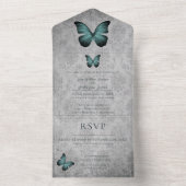 Blauwgroen  vlinder Damask bruiloft All In One Uitnodiging (Binnen)