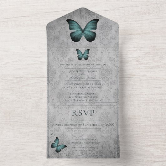 Blauwgroen  vlinder Damask bruiloft All In One Uitnodiging (Binnen)