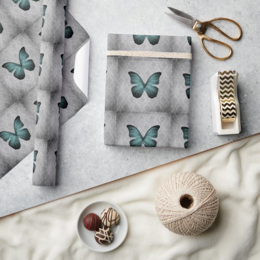 Blauwgroen vlinder Damask Cadeaupapier (Crafts)