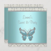 Blauwgroen vlinder Damask Sweet 16 Party Kaart (Voorkant / Achterkant)