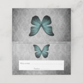 Blauwgroen  vlinder damast receptie plaatskaartje (Buitenkant ongevouwen)