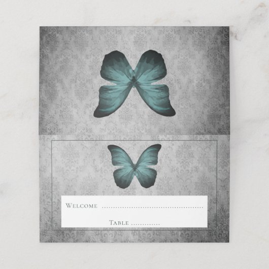 Blauwgroen  vlinder damast receptie plaatskaartje (Buitenkant ongevouwen)