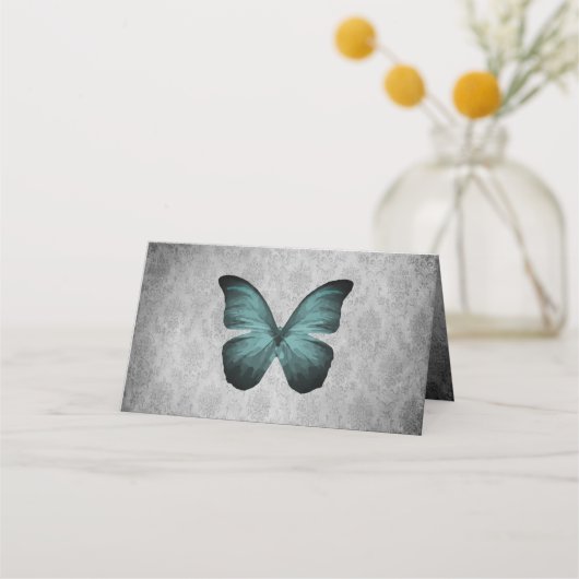 Blauwgroen  vlinder damast receptie plaatskaartje (Achterkant)