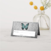 Blauwgroen  vlinder damast receptie plaatskaartje (Voorkant)