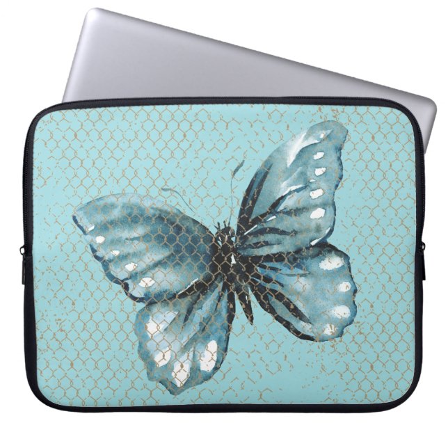 Blauwgroen vlinder in de Kettingverbindingsring va Laptop Sleeve (Voorkant)
