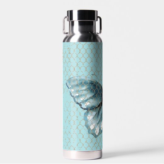 Blauwgroen vlinder in het hek waterfles (Voorkant)