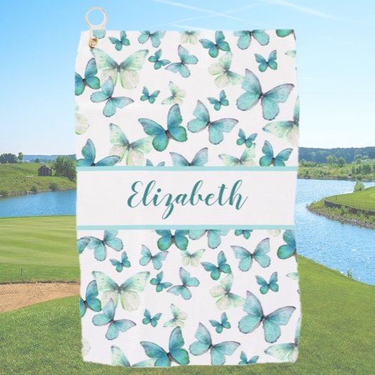  blauwgroen vlinder met aangepaste naam dames golfhanddoek
