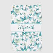  blauwgroen vlinder met aangepaste naam dames golfhanddoek (Voorkant)