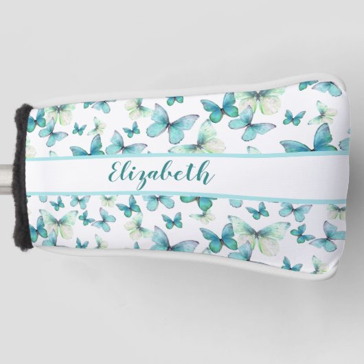  blauwgroen vlinder met aangepaste naam dames golfheadcover (Voorkant)