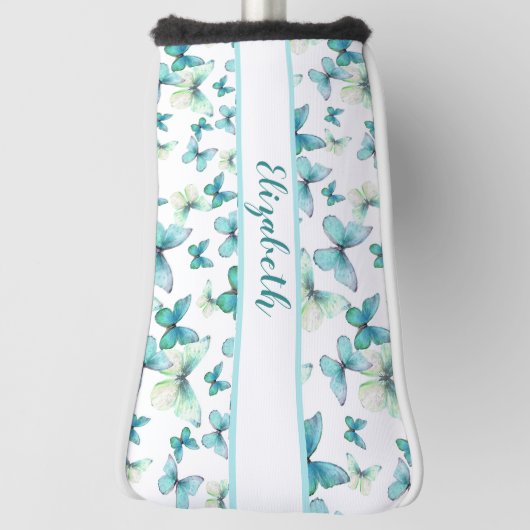 blauwgroen vlinder met aangepaste naam dames golfheadcover (Draai 90)