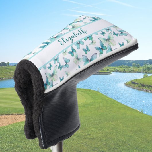  blauwgroen vlinder met aangepaste naam dames golfheadcover