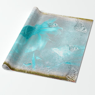 Blauwgroen vlinderbloem Zilver  Antiek Cadeaupapier