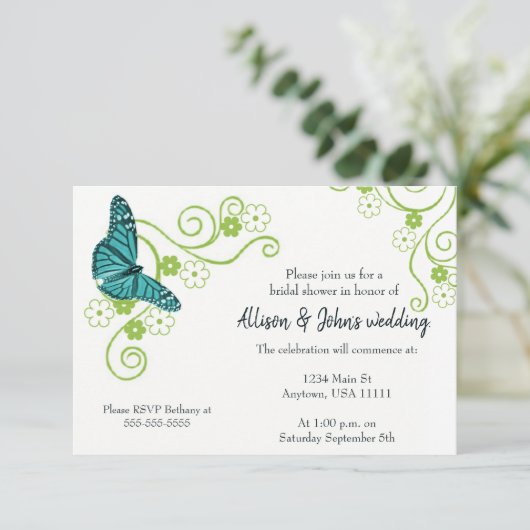 Blauwgroen vlinderbloemigen Vrijgezellenfeest uitn Kaart (Staand voorkant)