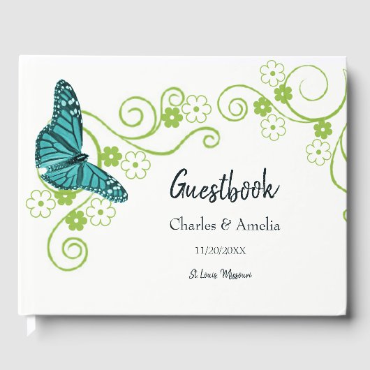 Blauwgroen vlinderdag voor gevierde vlinder gastenboek (Voorkant)