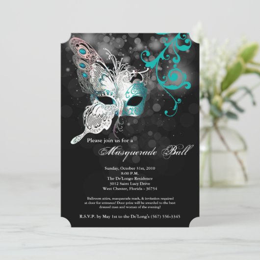 Blauwgroen vlindermaskerade maskerade kostuum Hall Kaart (Staand voorkant)