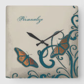 Blauwgroen vlinderwandklok vierkante klok (Voorkant)