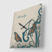 Blauwgroen vlinderwandklok vierkante klok (Hoek)