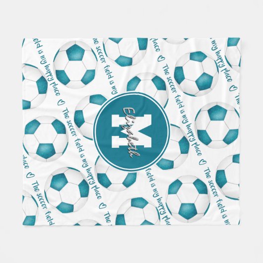 blauwgroen voetbal is mijn gelukkige plek fleece deken (Voorkant (Horizontaal))