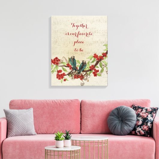Blauwgroen vogelgriep Rood Floral Citaat Canvas Afdruk (Insitu (Woonkamer))