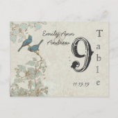 Blauwgroen vogelnummer Damask Wedding Table Numbe Briefkaart (Achterkant)