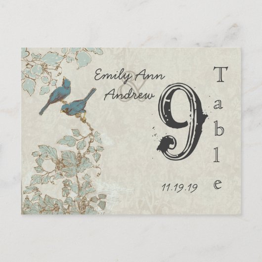  Blauwgroen vogelnummer Damask Wedding Table Numbe Briefkaart (Achterkant)