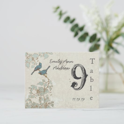 Blauwgroen vogelnummer Damask Wedding Table Numbe Briefkaart (Staand voorkant)