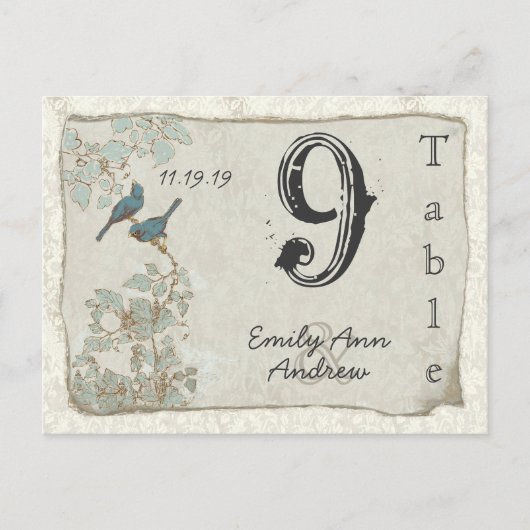  Blauwgroen vogelnummer Damask Wedding Table Numbe Briefkaart (Voorkant)
