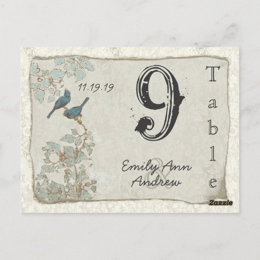  Blauwgroen vogelnummer Damask Wedding Table Numbe Briefkaart (Achterkant)