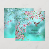 Blauwgroen vogelroze Aziatische bloesem Birthday P Kaart (Voorkant / Achterkant)